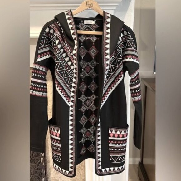 Tasha Polizzi Hooded Embroidered Red Black Open Front Cardigan Sz S Aztec - Picture 7 of 8